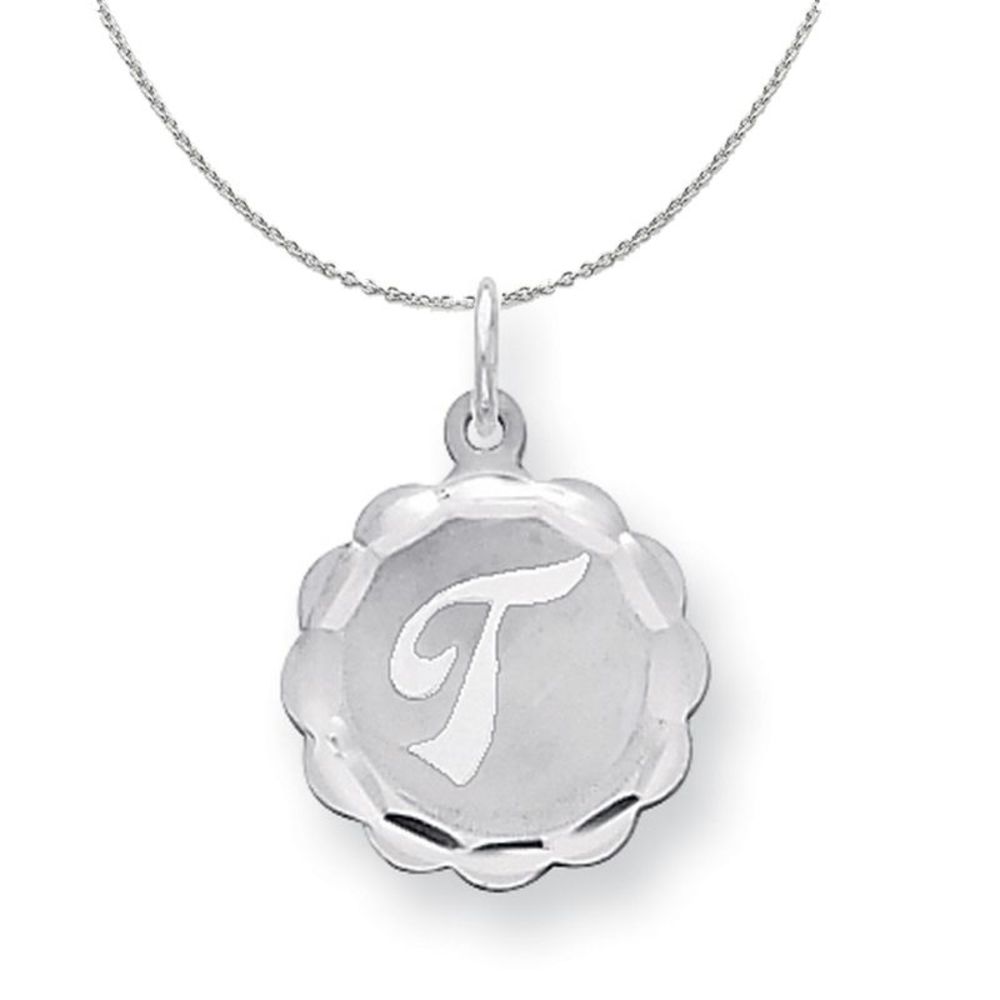 Silver, Sarah Collection 15mm Brocaded Disc Initial T Necklace - 16 In